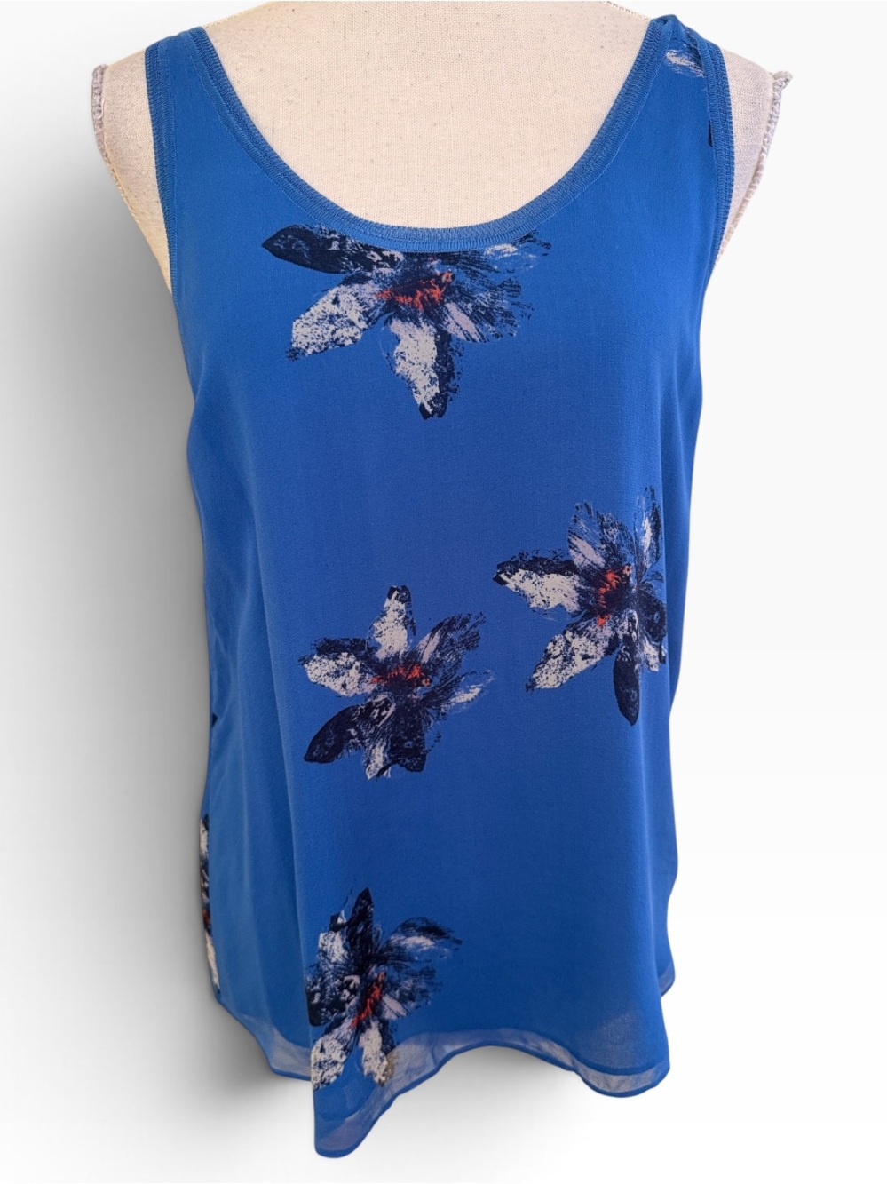 Aritza Babaton Royal Blue Silk Abstract Floral Scoop Neck Tank Top